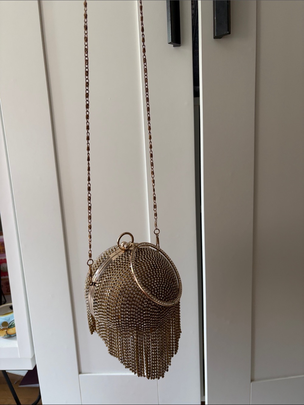 Gold Crystal Fringe Wristlet Clutch with Rhinestone Bracelet - Picture 3 of 4